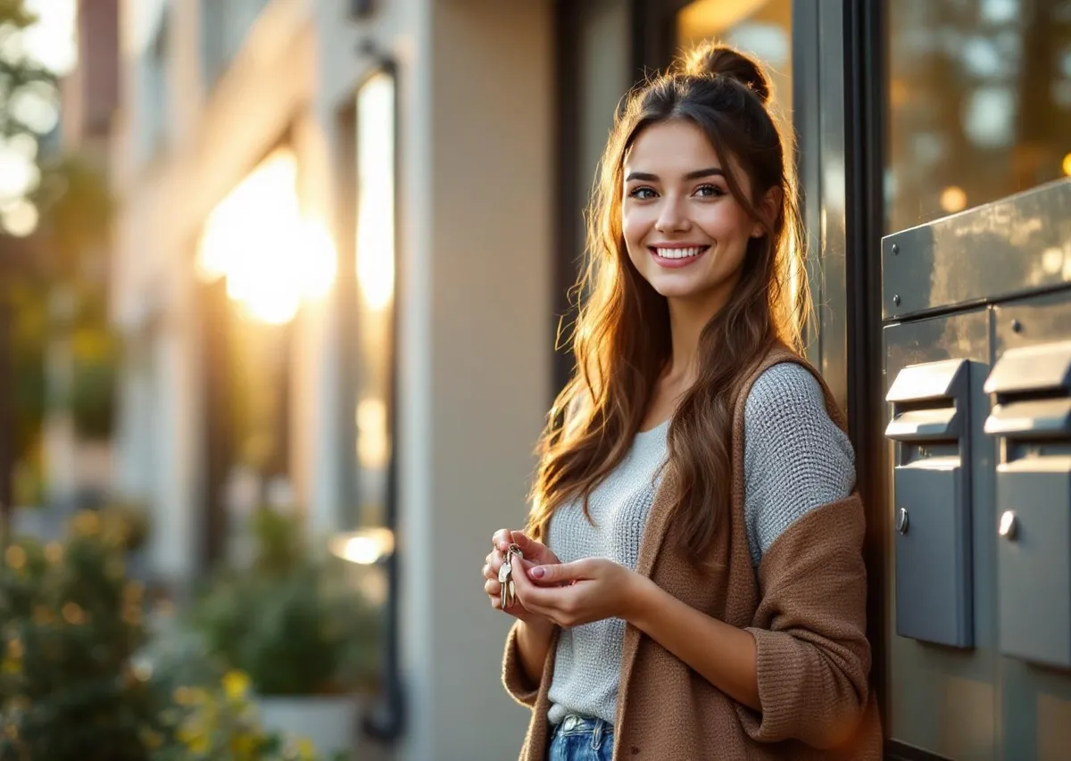 Junge Frau mit Wohnungsschlüssel vor einem modernen Mehrfamilienhaus
