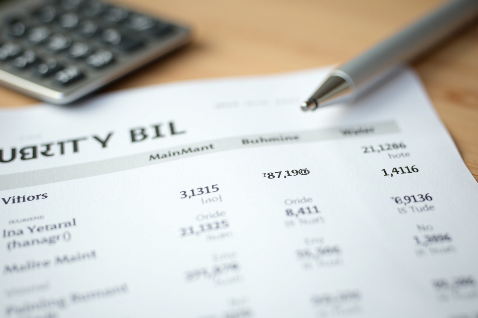 Nebenkostenabrechnung mit Taschenrechner und markierten Posten auf einem Schreibtisch